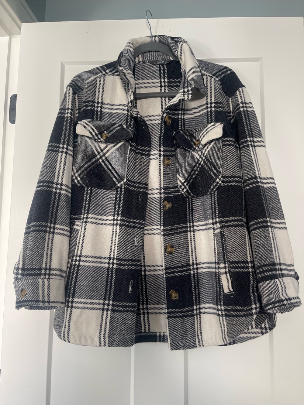 Womens Black & White Plaid Button-Up shacket